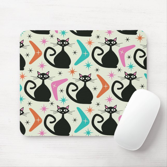 Mid Century Black Atomic Cats with Boomerangs  Mouse Mat (With Mouse)