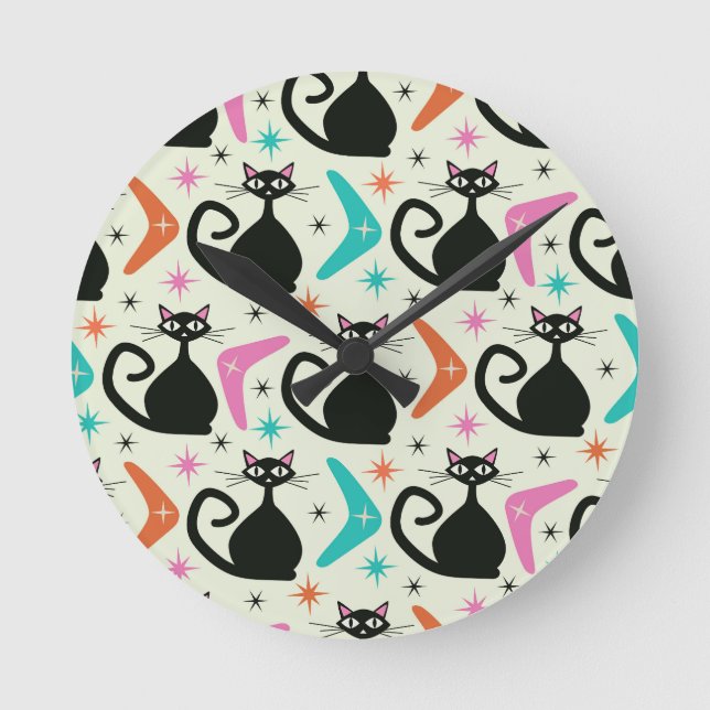 Mid Century Black Atomic Cats with Boomerangs  Round Clock (Front)