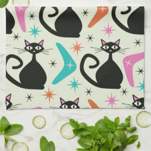 Mid Century Black Atomic Cats with Boomerangs Tea Towel