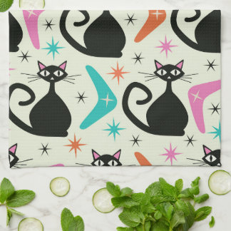 Mid Century Black Atomic Cats with Boomerangs Tea Towel