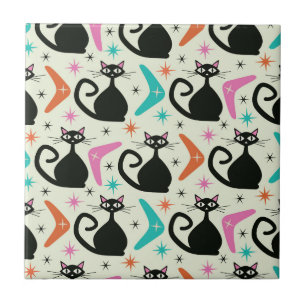 Mid Century Black Atomic Cats with Boomerangs  Tile