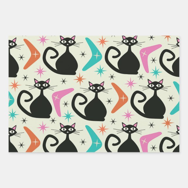 Mid Century Black Atomic Cats with Boomerangs  Wrapping Paper Sheet (Front)