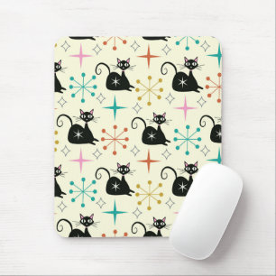 Mid Century Black Atomic Cats with Retro Starburst Mouse Mat