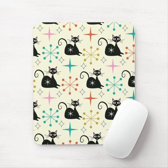 Mid Century Black Atomic Cats with Retro Starburst Mouse Mat (With Mouse)