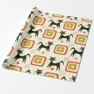 Mid Century Black Atomic Cats with Vintage squares Wrapping Paper