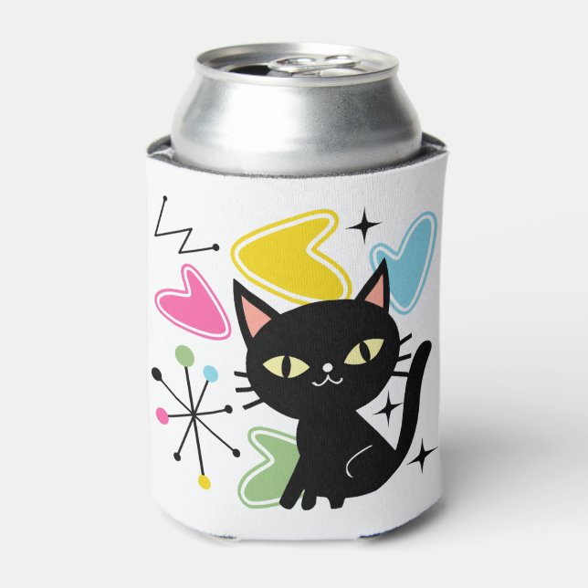 Mid Century black cat Can Cooler (Can Front)