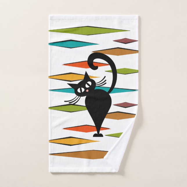 Mid Century black cat design Bath Towel Set (Hand Towel)