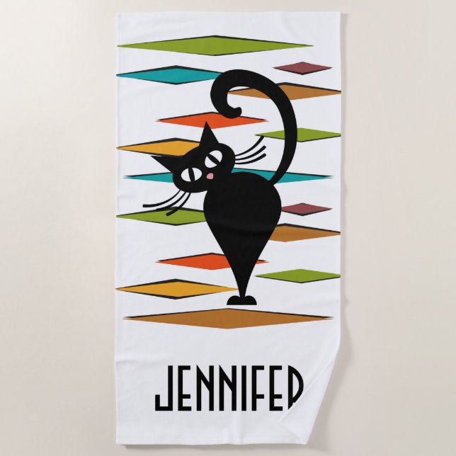 Mid Century black cat design Beach Towel (Front)