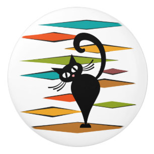 Mid Century black cat design Ceramic Knob