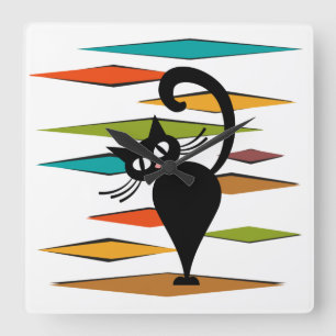 Mid Century black cat design Square Wall Clock
