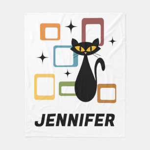 Mid Century black cat Fleece Blanket