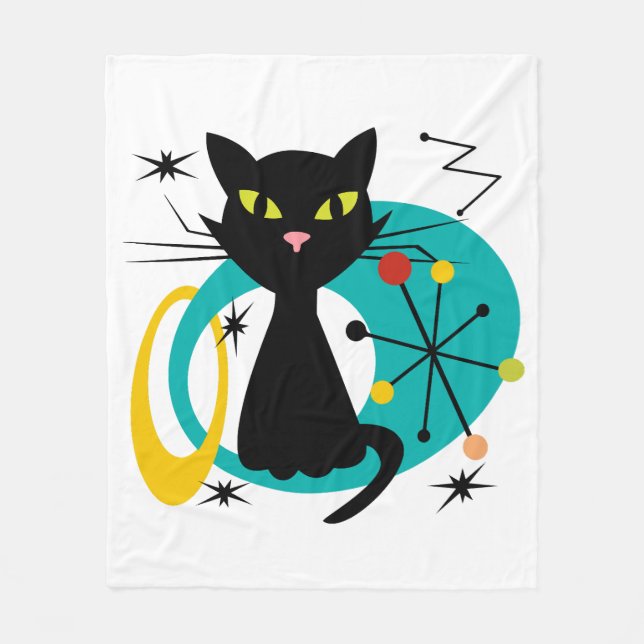 Mid Century black cat Fleece Blanket (Front)