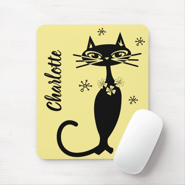 Mid Century Black Cat in Gold Background  Mouse Mat (With Mouse)
