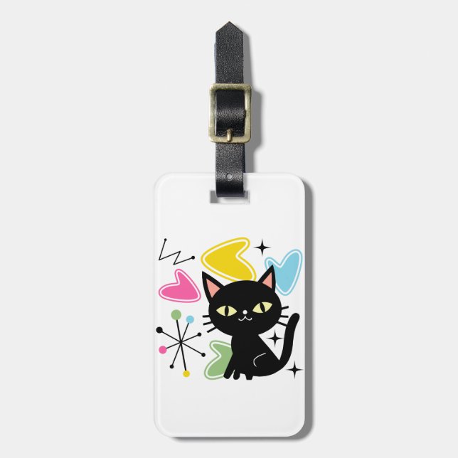 Mid Century black cat Luggage Tag (Front Vertical)