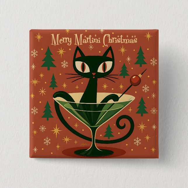 Mid Century Black Cat Merry Martini Christmas 15 Cm Square Badge (Front)
