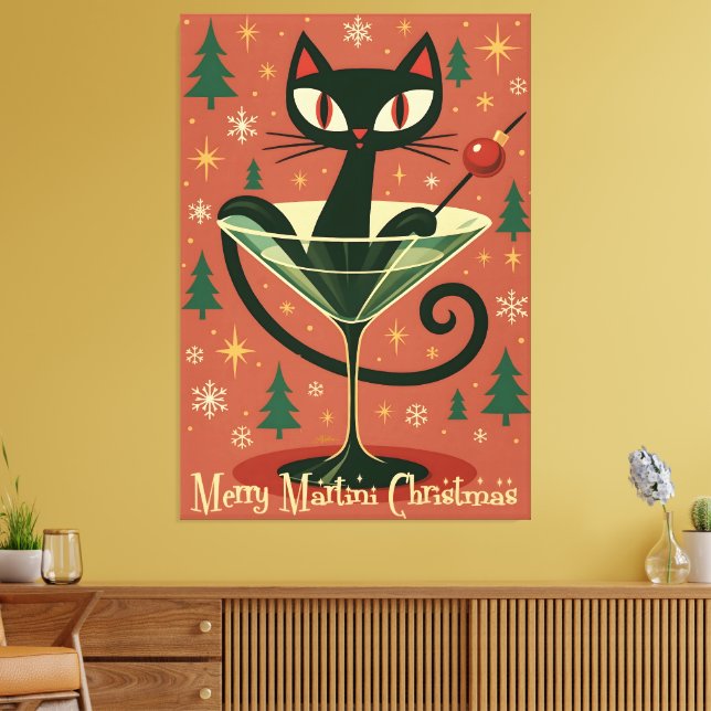 Mid Century Black Cat Merry Martini Christmas Canvas Print (Insitu(LivingRoom))