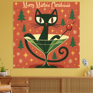 Mid Century Black Cat Merry Martini Christmas Canvas Print