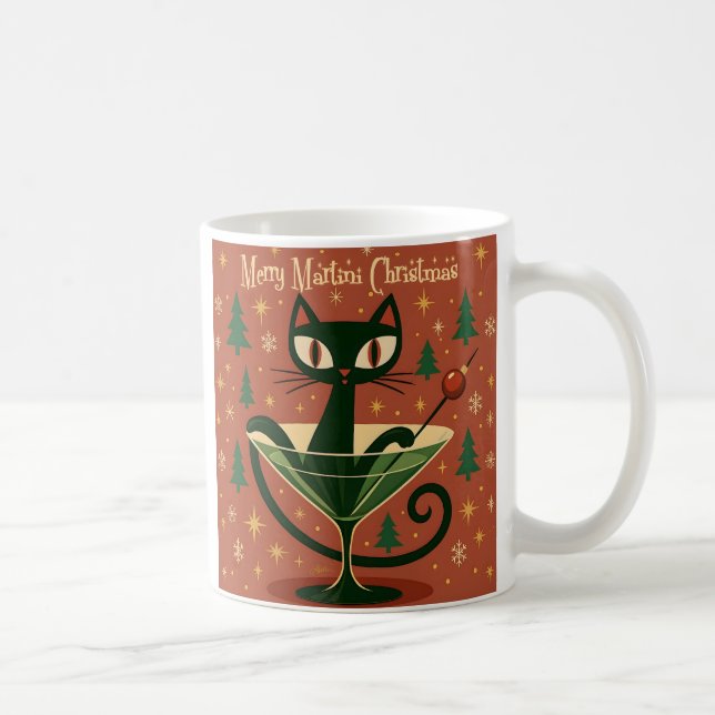 Mid Century Black Cat Merry Martini Christmas Coffee Mug (Right)