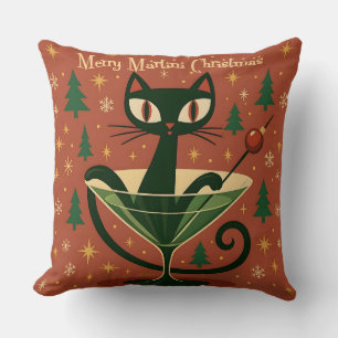 Mid Century Black Cat Merry Martini Christmas Cushion