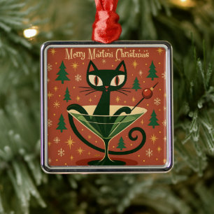 Mid Century Black Cat Merry Martini Christmas Metal Tree Decoration