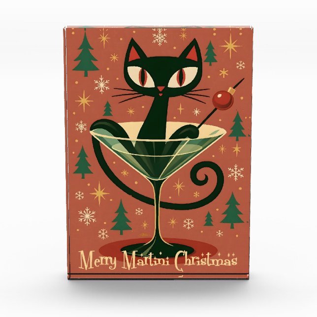 Mid Century Black Cat Merry Martini Christmas Photo Block (Front)