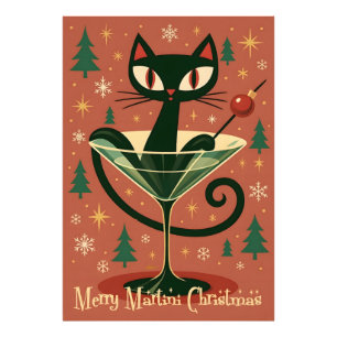 Mid Century Black Cat Merry Martini Christmas Photo Print