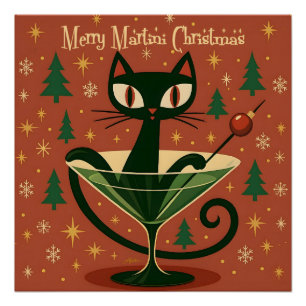 Mid Century Black Cat Merry Martini Christmas Poster