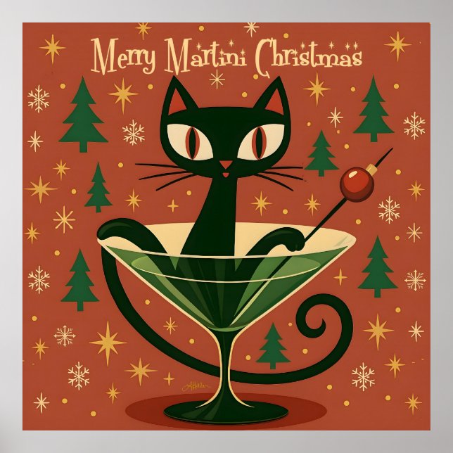 Mid Century Black Cat Merry Martini Christmas Poster (Front)