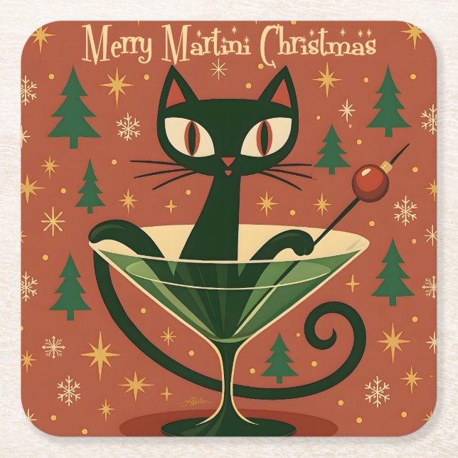 Mid Century Black Cat Merry Martini Christmas Square Paper Coaster (Front)