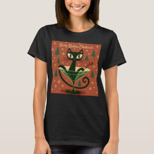 Mid Century Black Cat Merry Martini Christmas T-Shirt