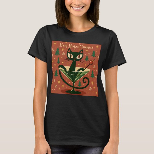 Mid Century Black Cat Merry Martini Christmas T-Shirt (Front)