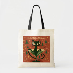 Mid Century Black Cat Merry Martini Christmas Tote Bag
