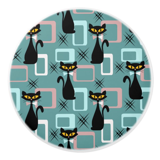 Mid Century black cat pattern Ceramic Knob (Front)