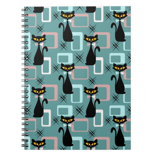 Mid Century black cat pattern Notebook (Front)