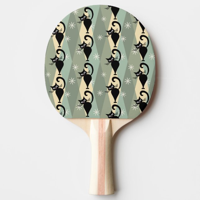 Mid Century black cat pattern Ping Pong Paddle (Front)