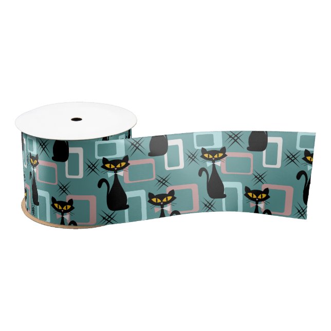 Mid Century black cat pattern Satin Ribbon (Spool)