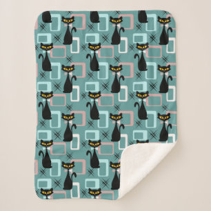 Mid Century black cat pattern Sherpa Blanket