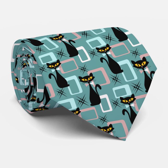 Mid Century black cat pattern  Tie (Rolled)
