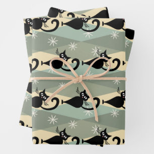 Mid Century black cat pattern Wrapping Paper Sheet