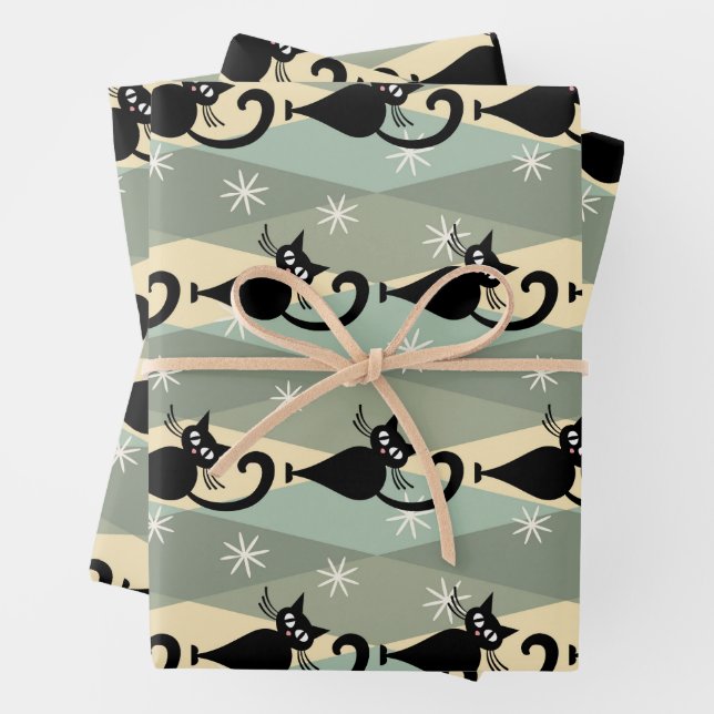 Mid Century black cat pattern Wrapping Paper Sheet (In situ)