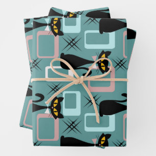 Mid Century black cat pattern Wrapping Paper Sheet