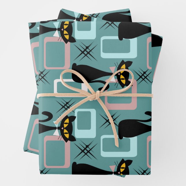 Mid Century black cat pattern Wrapping Paper Sheet (In situ)