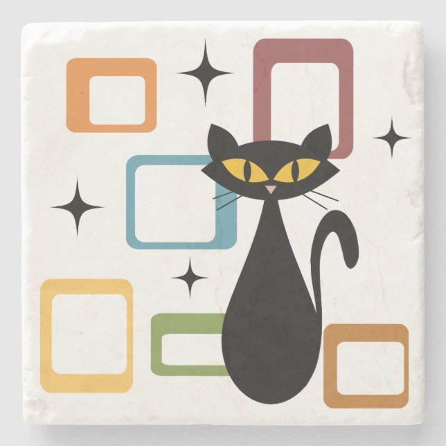 Mid Century black cat Stone Coaster (Front)