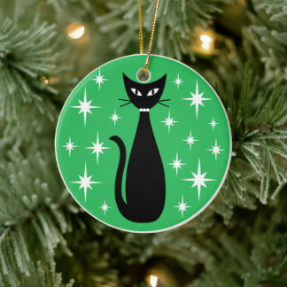 Mid Century Black Cat with White Stars on Green Ceramic Tree Decoration