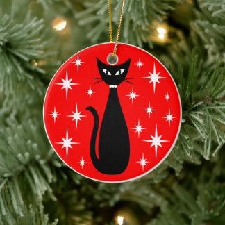 Mid Century Black Cat with White Stars on Red Ceramic Tree Decoration