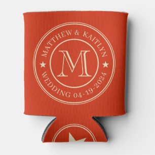 Mid-Century Blood Orange Wedding Monogram Star Can Cooler