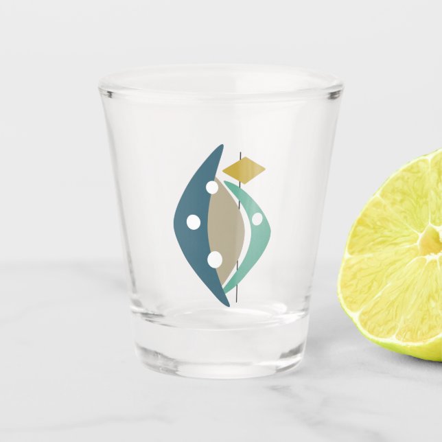 Mid-Century Blue Atomic Age Boomerangs Shot Glass (Front)
