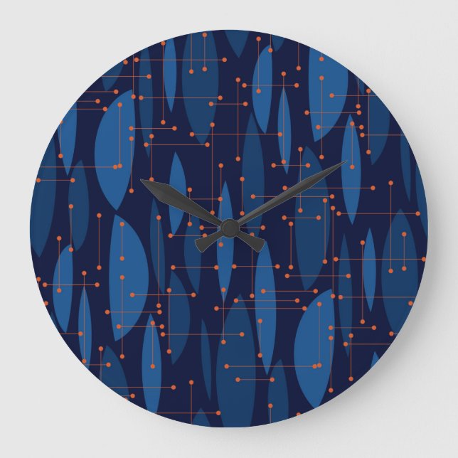 Mid-Century Blue Atomic Seamless Pattern Large Clock (Front)
