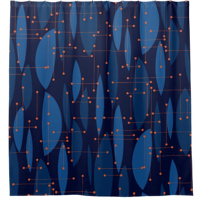 Mid-Century Blue Atomic Seamless Pattern Shower Curtain (Front)