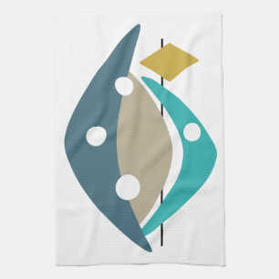 Mid-century Blue Boomerangs 1950s Tea Towel